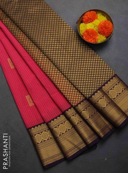 Semi kanchipuram silk saree peach pink and deep purple with allover zari weaves & buttas and zari woven border