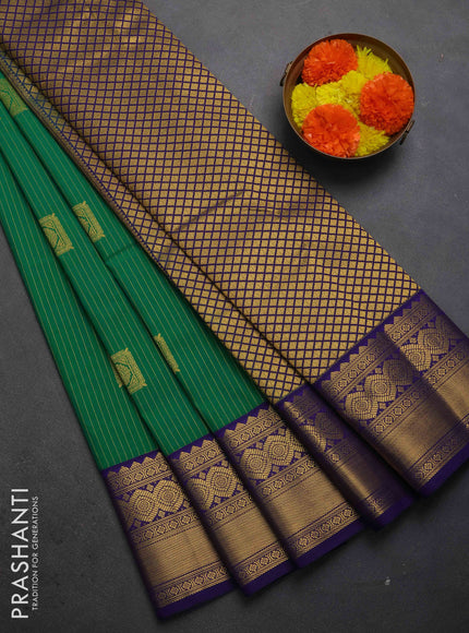 Semi kanchipuram silk saree green and blue with allover zari weaves & buttas and zari woven border