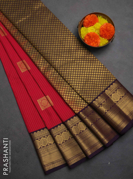 Semi kanchipuram silk saree tomato pink and deep purple with allover zari weaves & buttas and zari woven border