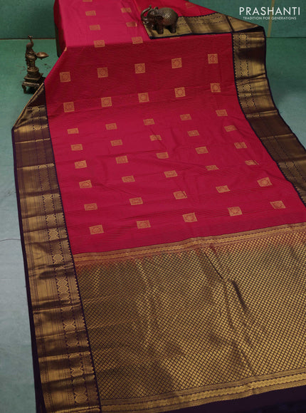 Semi kanchipuram silk saree tomato pink and deep purple with allover zari weaves & buttas and zari woven border