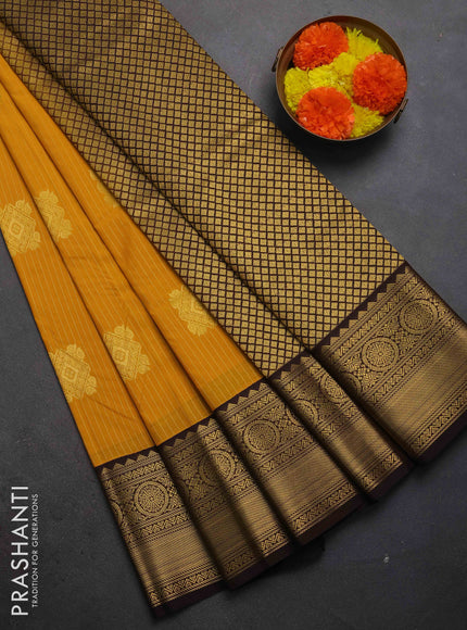 Semi kanchipuram silk saree mustard yellow and coffee brown with allover zari weaves & buttas and zari woven border
