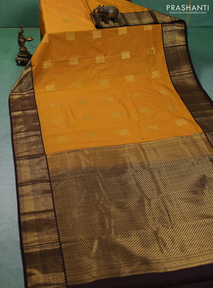 Semi kanchipuram silk saree mustard yellow and coffee brown with allover zari weaves & buttas and zari woven border