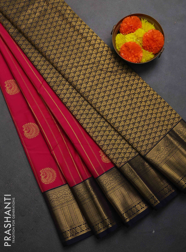 Semi kanchipuram silk saree pink and navy blue with allover zari weaves & buttas and zari woven border