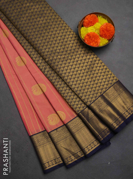 Semi kanchipuram silk saree dual shade of yellowish pink and navy blue with allover zari weaves & buttas and zari woven border