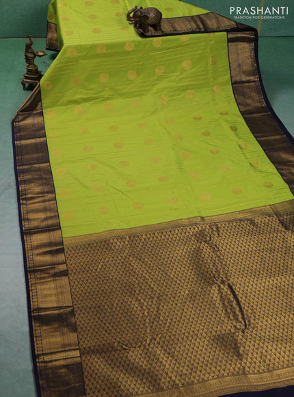 Semi kanchipuram silk saree fluorecent green and navy blue with allover zari weaves & buttas and zari woven border