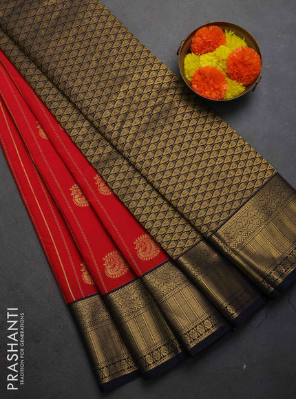 Semi kanchipuram silk saree red and navy blue with allover zari weaves & buttas and zari woven border