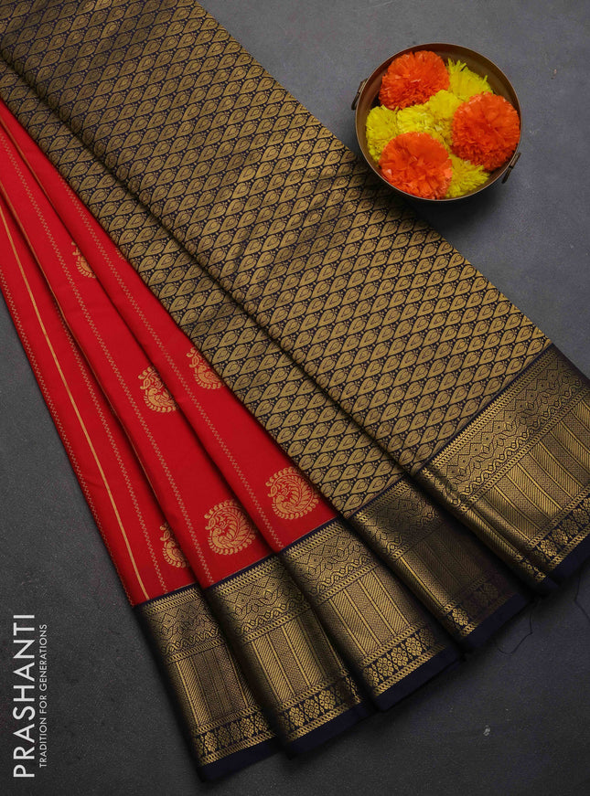 Semi kanchipuram silk saree red and navy blue with allover zari weaves & buttas and zari woven border