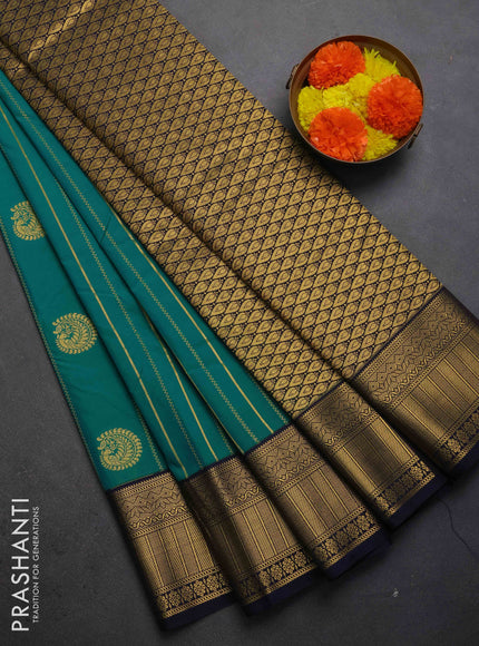 Semi kanchipuram silk saree teal green and navy blue with allover zari weaves & buttas and zari woven border