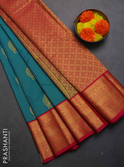 Semi kanchipuram silk saree teal green and pink with allover zari weaves & buttas and zari woven border