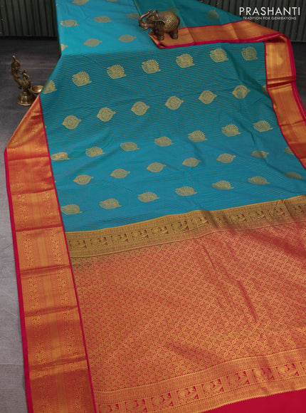 Semi kanchipuram silk saree teal green and pink with allover zari weaves & buttas and zari woven border