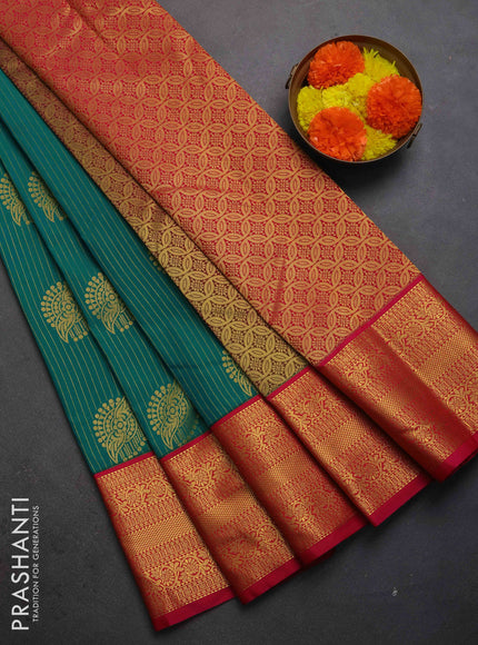 Semi kanchipuram silk saree teal green and pink with allover zari weaves & buttas and zari woven border