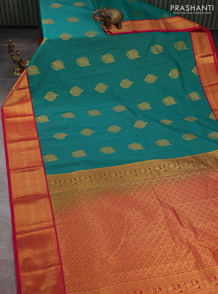 Semi kanchipuram silk saree teal green and pink with allover zari weaves & buttas and zari woven border