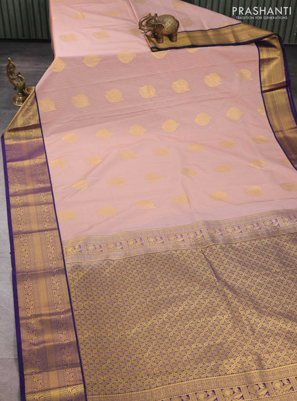 Semi kanchipuram silk saree pastel pink and navy blue with allover zari weaves & buttas and zari woven border