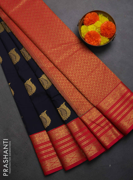 Semi kanchipuram silk saree navy blue and pink with zari woven buttas and zari woven border