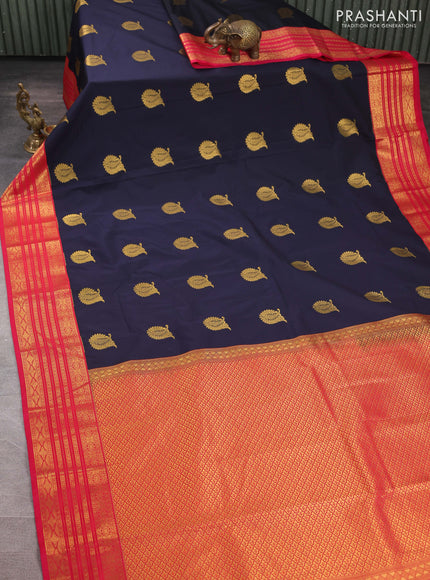 Semi kanchipuram silk saree navy blue and pink with zari woven buttas and zari woven border