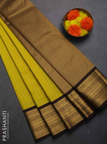 Semi kanchipuram silk saree lime green and coffee brown with allover checks & zari woven buttas and zari woven border