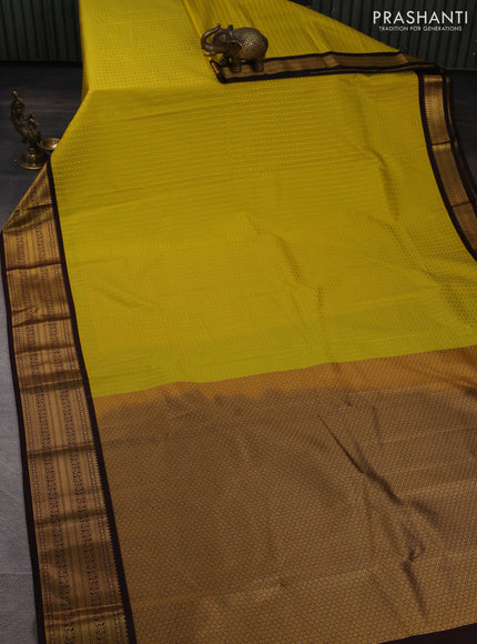 Semi kanchipuram silk saree lime green and coffee brown with allover checks & zari woven buttas and zari woven border