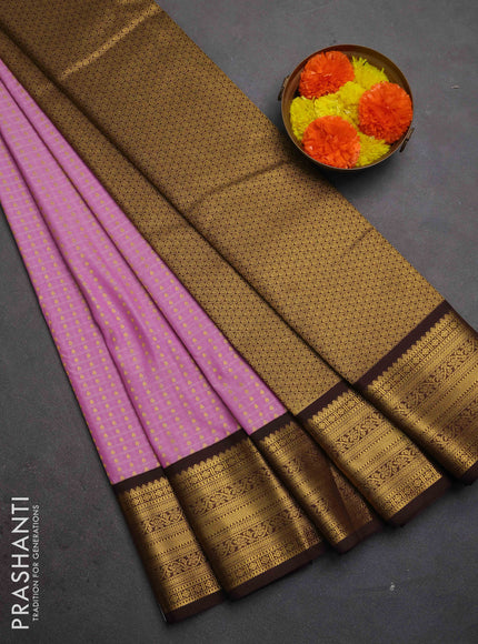 Semi kanchipuram silk saree lavender and coffee brown with allover checks & zari woven buttas and zari woven border