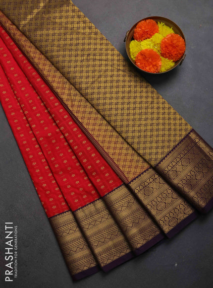 Semi kanchipuram silk saree red and deep purple with allover checks & zari woven buttas and zari woven border