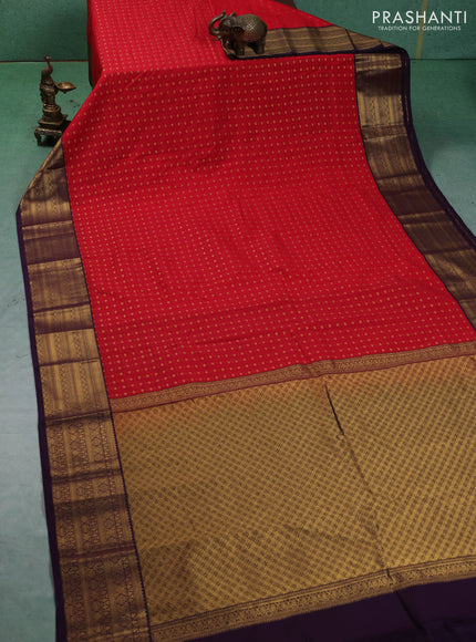 Semi kanchipuram silk saree red and deep purple with allover checks & zari woven buttas and zari woven border