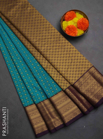 Semi kanchipuram silk saree teal green and deep purple with allover checks & zari woven buttas and zari woven border