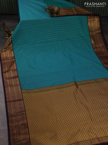 Semi kanchipuram silk saree teal green and deep purple with allover checks & zari woven buttas and zari woven border