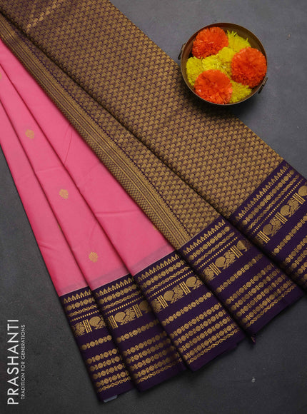 Semi kanchipuram silk saree peach pink and purple with zari woven buttas and long zari woven korvai border