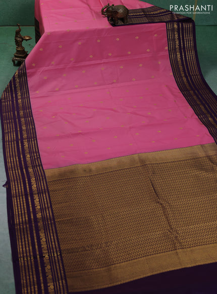 Semi kanchipuram silk saree peach pink and purple with zari woven buttas and long zari woven korvai border