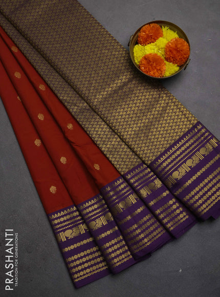 Semi kanchipuram silk saree maroon and violet with zari woven buttas and long zari woven korvai border