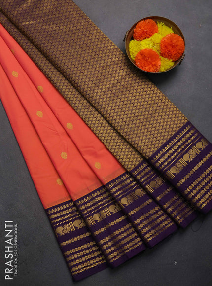 Semi kanchipuram silk saree dual shade of pinkish yellow and purple with zari woven buttas and long zari woven korvai border