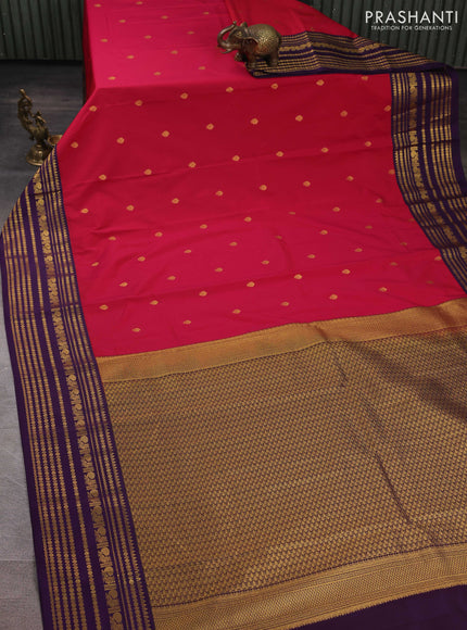 Semi kanchipuram silk saree pink and purple with zari woven buttas and long zari woven korvai border