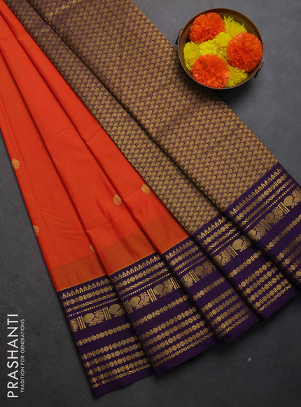 Semi kanchipuram silk saree orange and purple with zari woven buttas and long zari woven korvai border