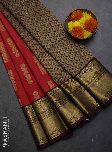 Semi kanchipuram silk saree red and deep maroon with zari woven buttas and long zari woven korvai border