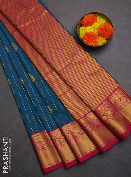 Semi kanchipuram silk saree peacock green and pink with allover zari woven 1000 buttas and zari woven border
