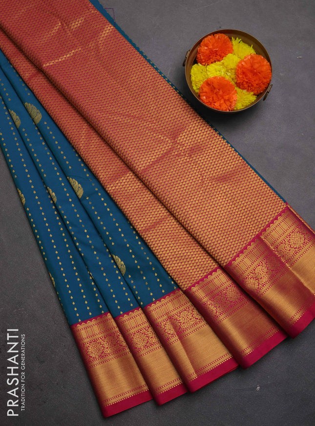 Semi kanchipuram silk saree peacock green and pink with allover zari woven 1000 buttas and zari woven border