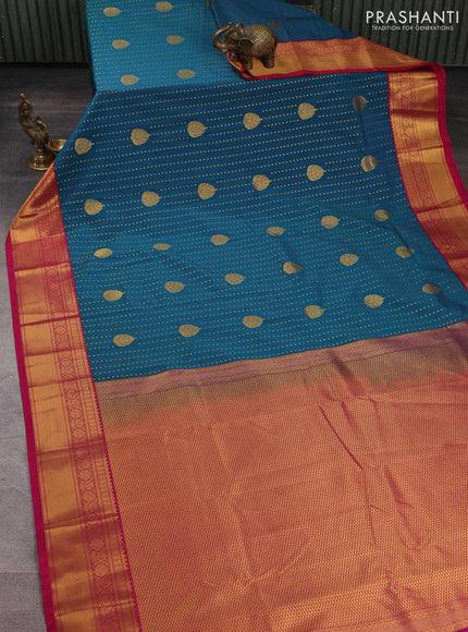 Semi kanchipuram silk saree peacock green and pink with allover zari woven 1000 buttas and zari woven border