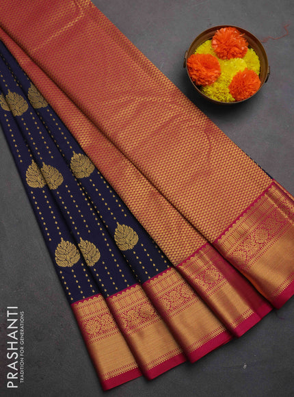 Semi kanchipuram silk saree navy blue and pink with allover zari woven 1000 buttas and zari woven border