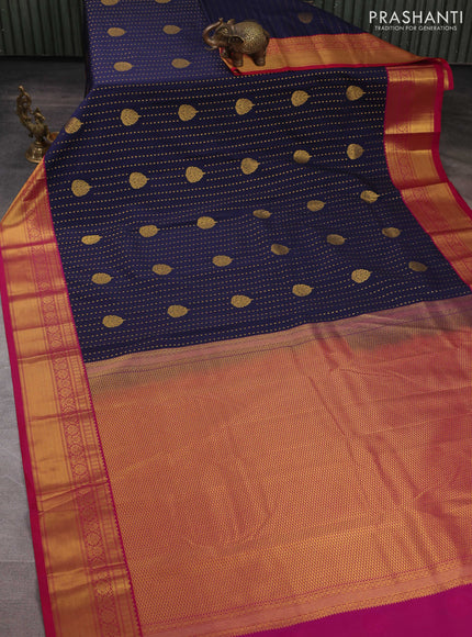 Semi kanchipuram silk saree navy blue and pink with allover zari woven 1000 buttas and zari woven border