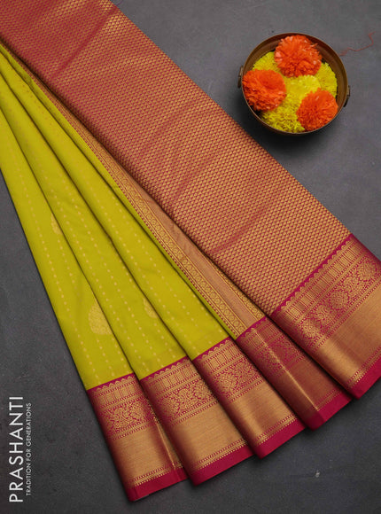 Semi kanchipuram silk saree lime green and pink with allover zari woven 1000 buttas and zari woven border