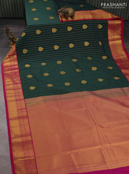 Semi kanchipuram silk saree bottle green and pink with allover zari woven 1000 buttas and zari woven border