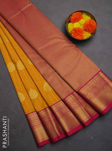 Semi kanchipuram silk saree mustard yellow and pink with allover zari woven 1000 buttas and zari woven border