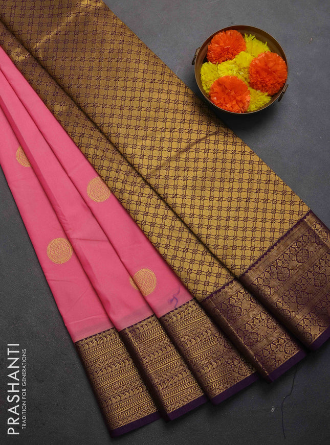 Semi kanchipuram silk saree pink and purple with zari woven buttas and zari woven border
