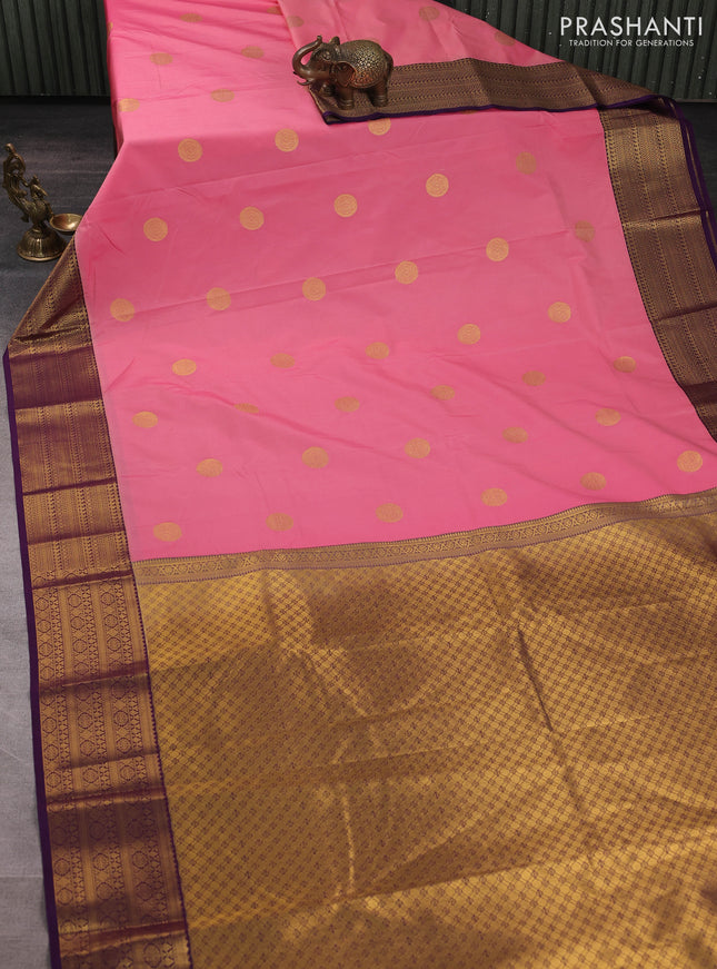 Semi kanchipuram silk saree pink and purple with zari woven buttas and zari woven border