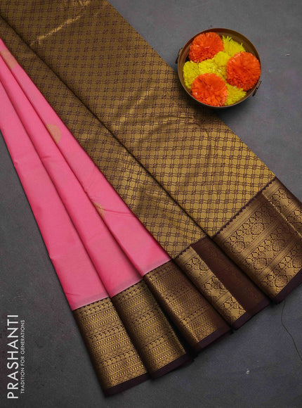 Semi kanchipuram silk saree pink and coffee brown with zari woven buttas and zari woven border