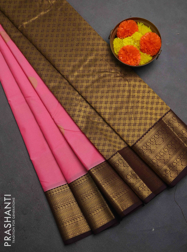 Semi kanchipuram silk saree pink and coffee brown with zari woven buttas and zari woven border