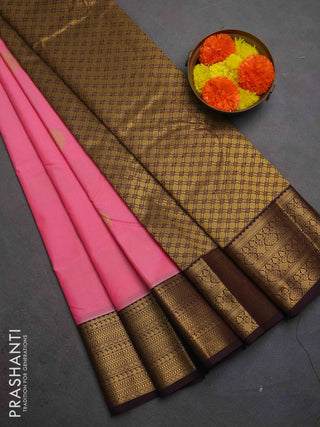 Semi kanchipuram silk saree pink and coffee brown with zari woven buttas and zari woven border