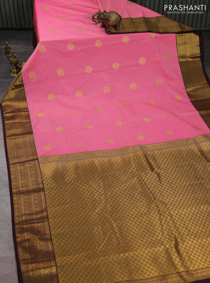 Semi kanchipuram silk saree pink and coffee brown with zari woven buttas and zari woven border