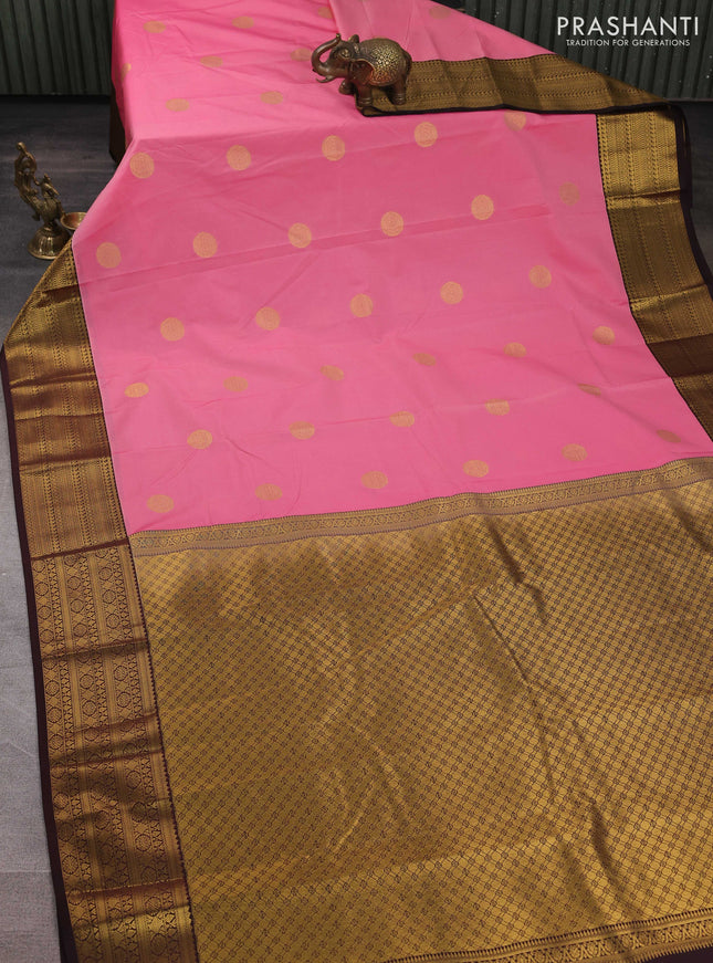 Semi kanchipuram silk saree pink and coffee brown with zari woven buttas and zari woven border