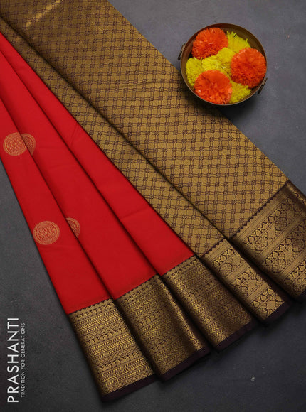 Semi kanchipuram silk saree red and coffee brown with zari woven buttas and zari woven border