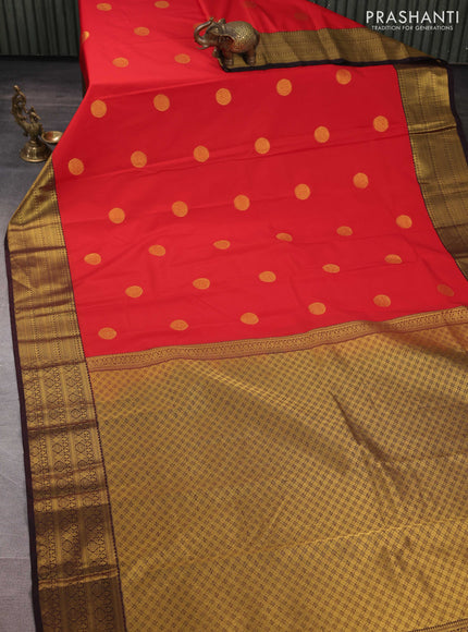 Semi kanchipuram silk saree red and coffee brown with zari woven buttas and zari woven border